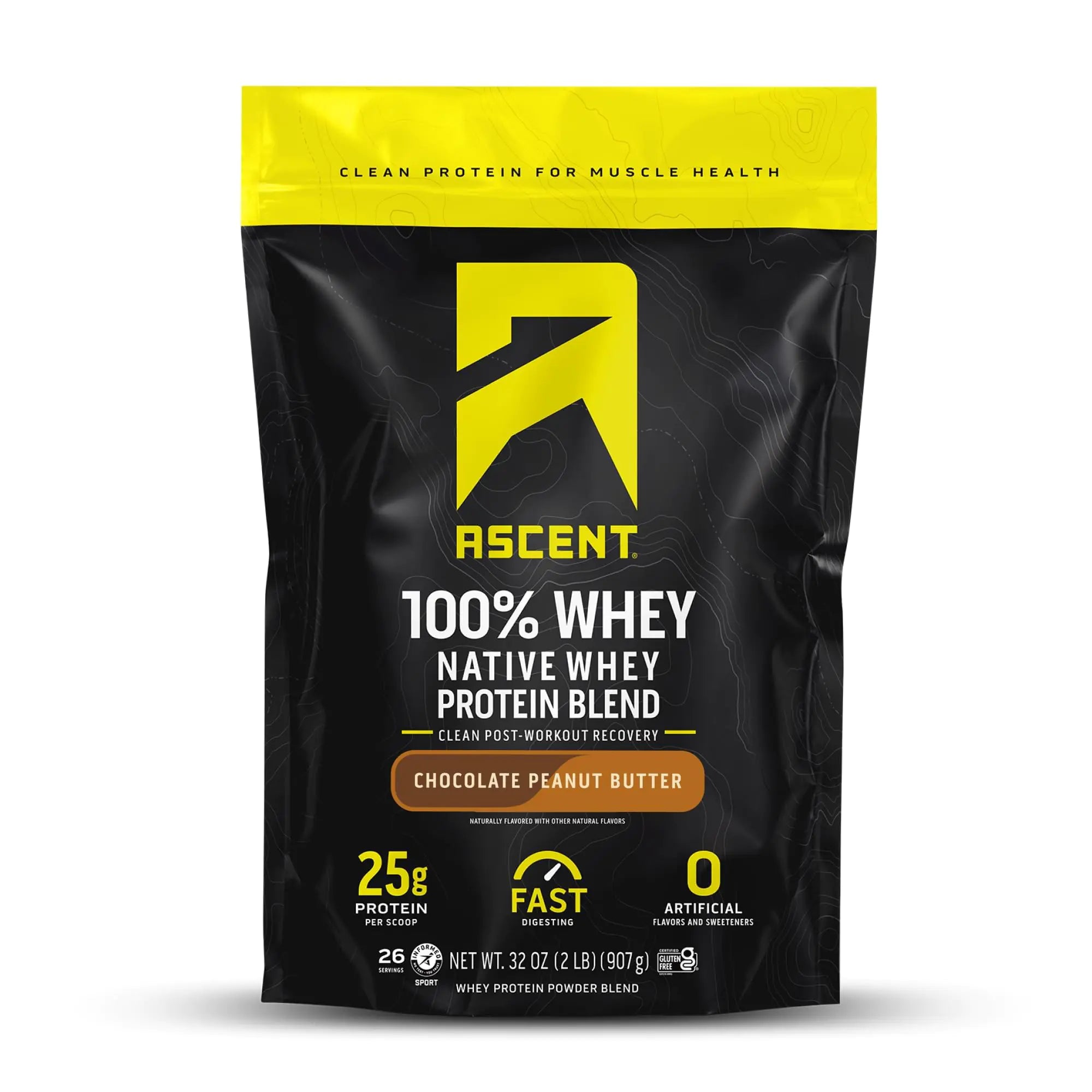 Ascent 100% Whey Protein Powder - Post Workout Whey Protein Isolate Zero Artificial Flavors & Sweeteners Gluten Free 5.5g BCAA 2.6g Leucine Essential Amino Acids Chocolate Peanut Butter 2 lb